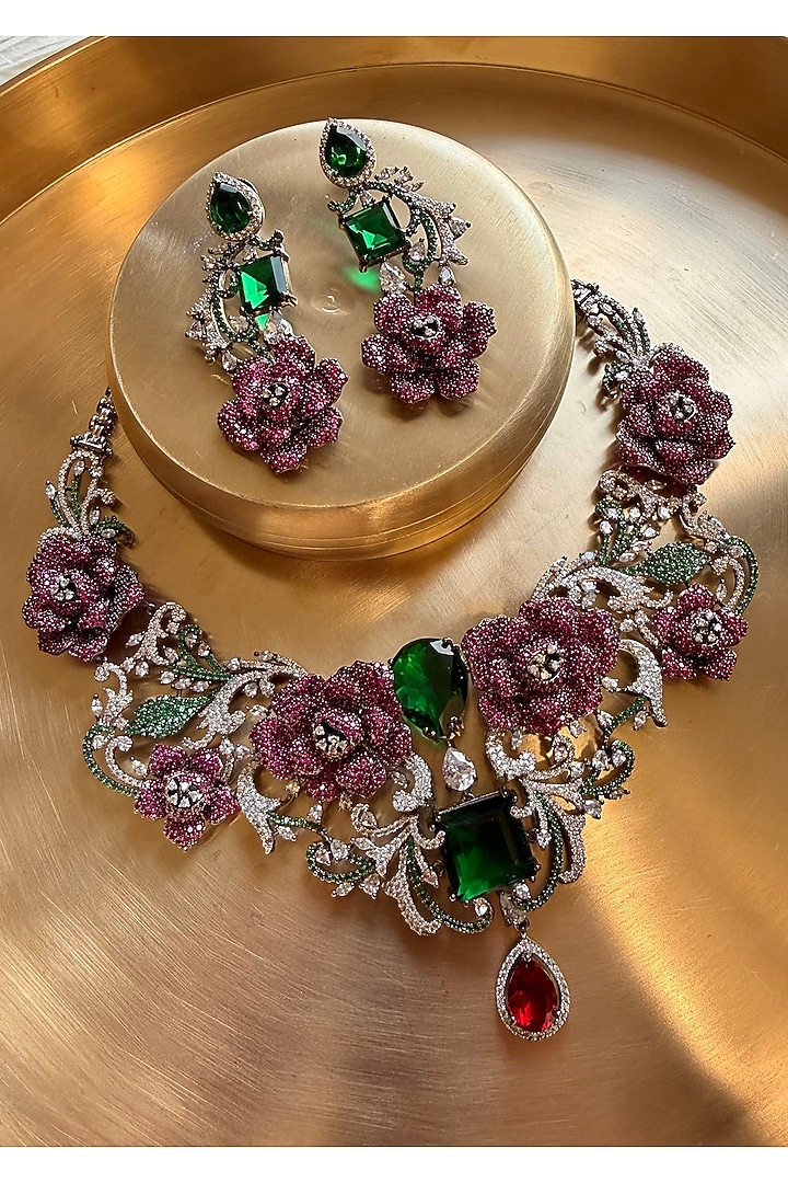 Gold Finish Zircon & Multi-Colored Stone Necklace Set by AVSA Jewels at Pernia's Pop Up Shop