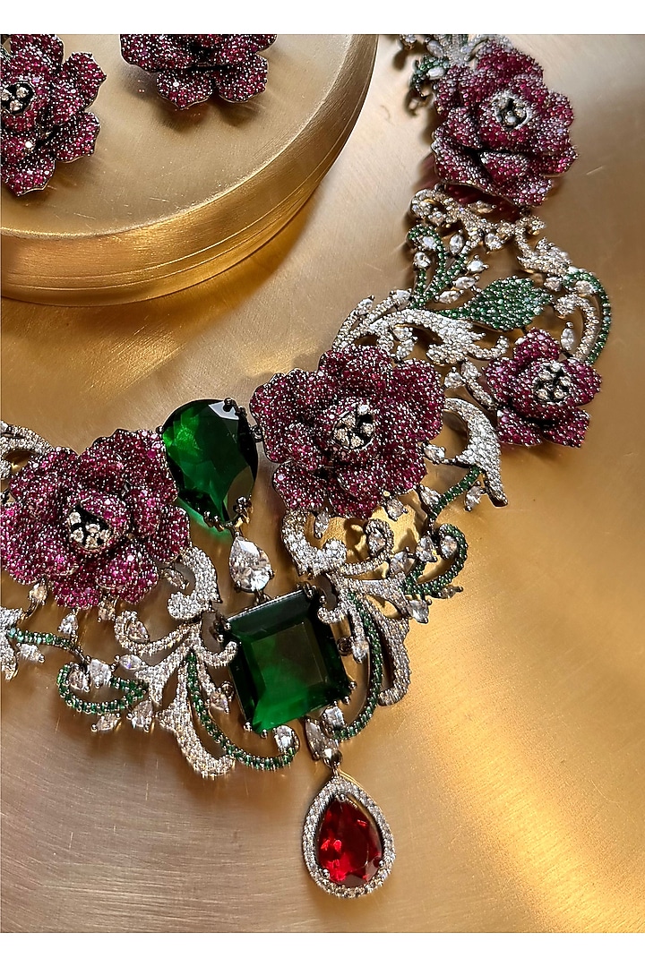 Gold Finish Zircon & Multi-Colored Stone Necklace Set by AVSA Jewels at Pernia's Pop Up Shop