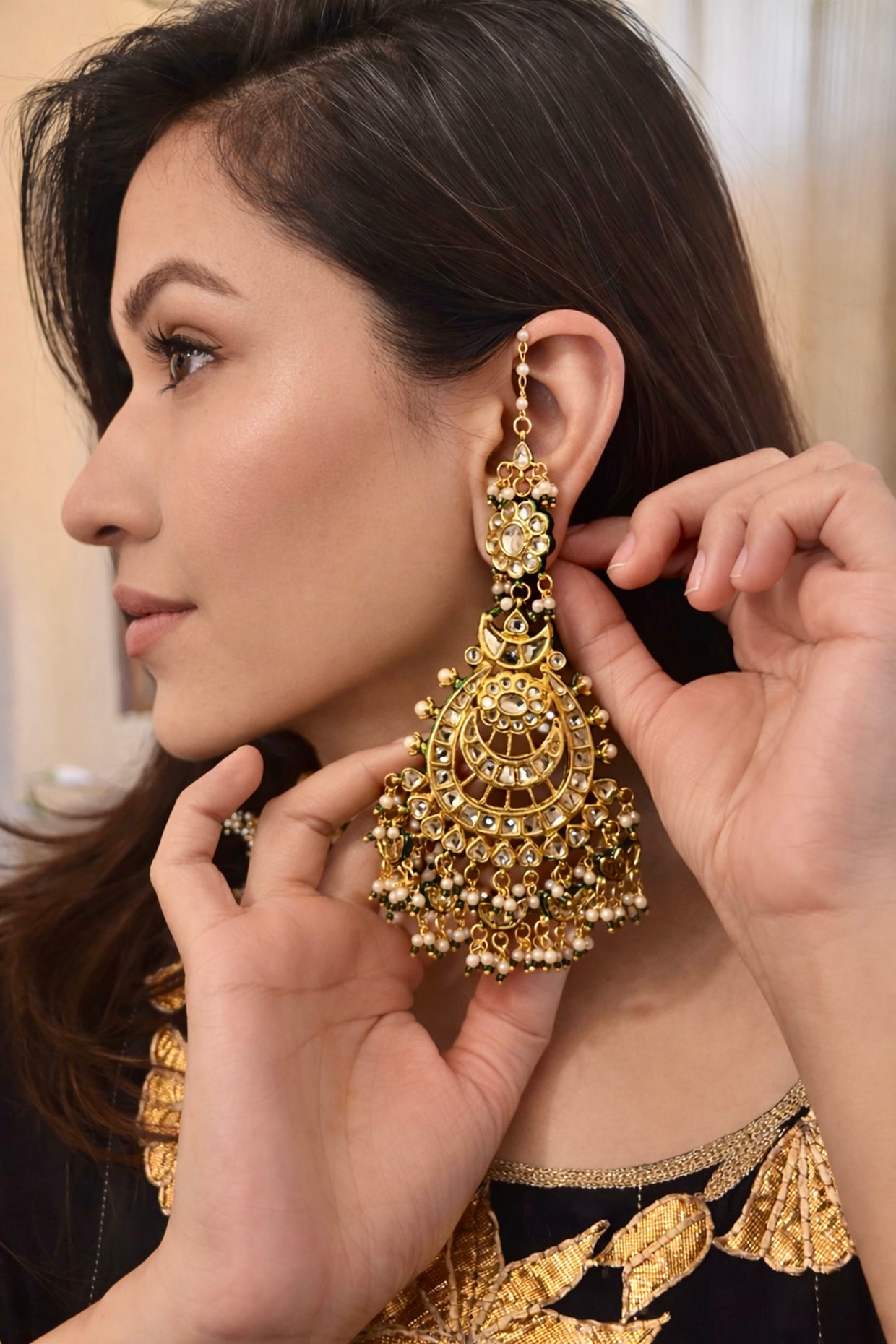 AVSA Jewels Gold Finish Kundan Polki Chandbali Earrings