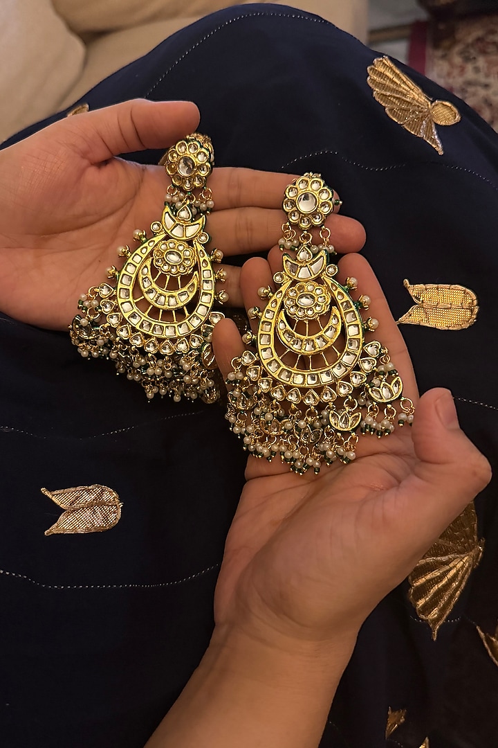 Gold Finish Kundan Polki Chandbali Earrings by AVSA Jewels at Pernia's Pop Up Shop