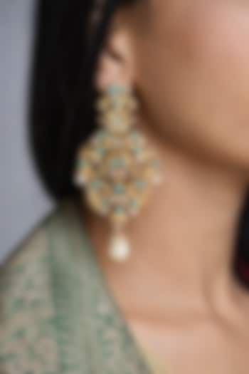 Gold Finish Kundan Polki & Turquoise Stone Chandbali Earrings by AVSA Jewels at Pernia's Pop Up Shop