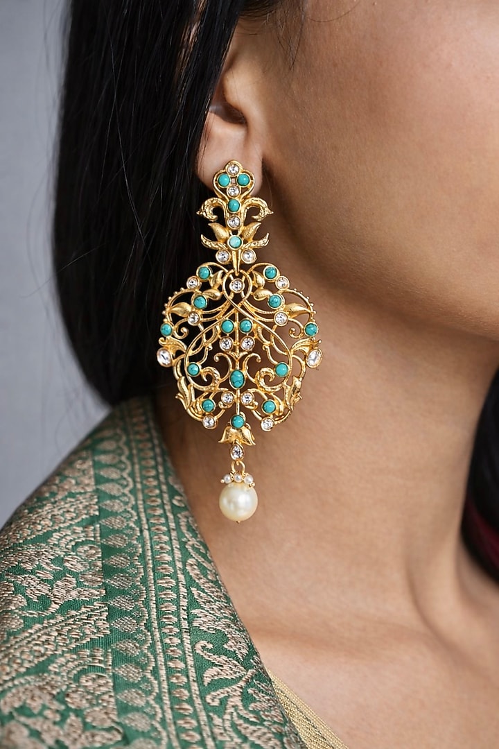 Gold Finish Kundan Polki & Turquoise Stone Chandbali Earrings by AVSA Jewels at Pernia's Pop Up Shop