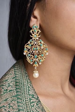 Gold Finish Kundan Polki & Turquoise Stone Chandbali Earrings by AVSA Jewels