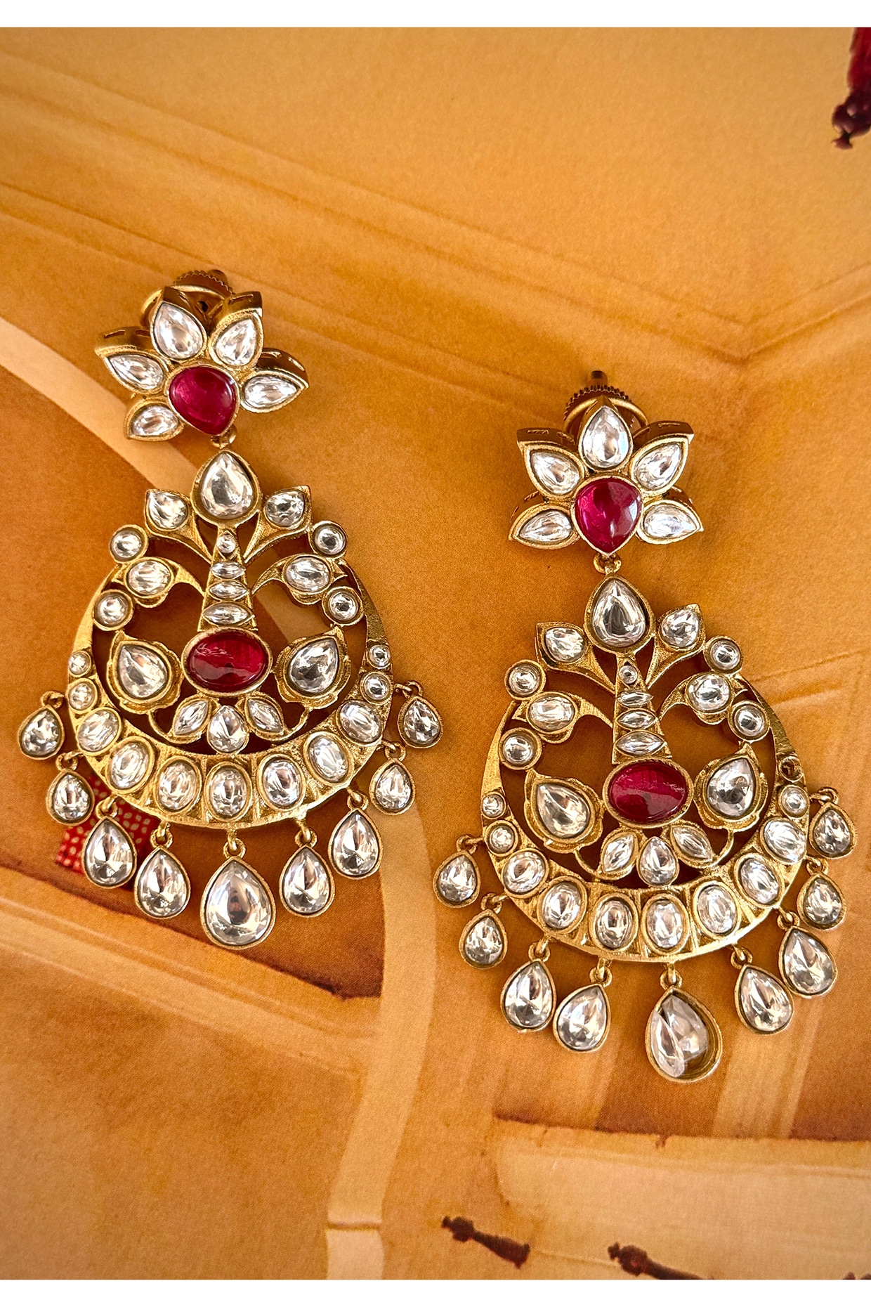 AVSA Jewels Gold Finish Red Kundan Polki Chandbali Earrings