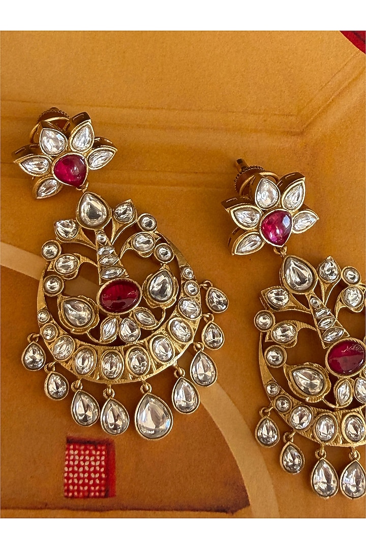 Gold Finish Red Kundan Polki Chandbali Earrings by AVSA Jewels at Pernia's Pop Up Shop