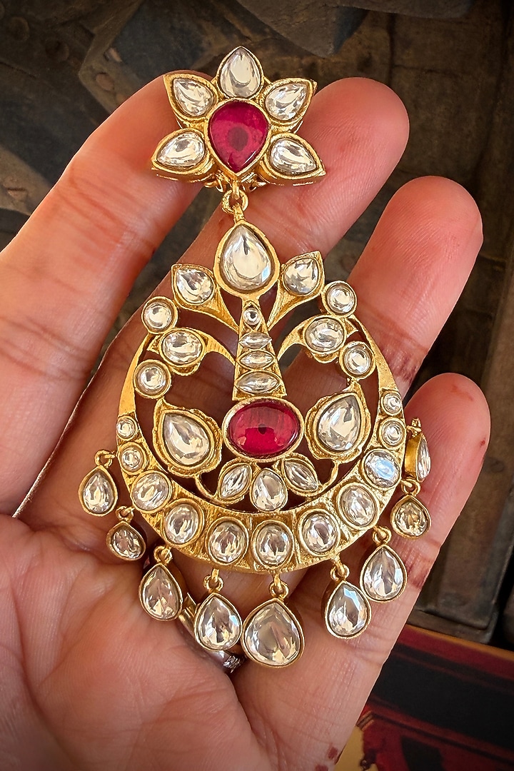 Gold Finish Red Kundan Polki Chandbali Earrings by AVSA Jewels at Pernia's Pop Up Shop