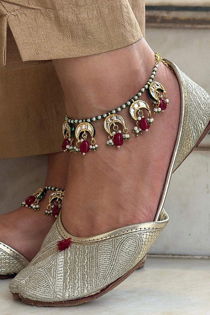 Gold Finish Red Kundan Polki Anklets (Set Of 2) by AVSA Jewels at Pernia's Pop Up Shop