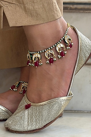 Gold Finish Red Kundan Polki Anklets (Set Of 2) by AVSA Jewels