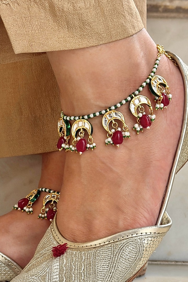 Gold Finish Red Kundan Polki Anklets (Set Of 2) by AVSA Jewels at Pernia's Pop Up Shop