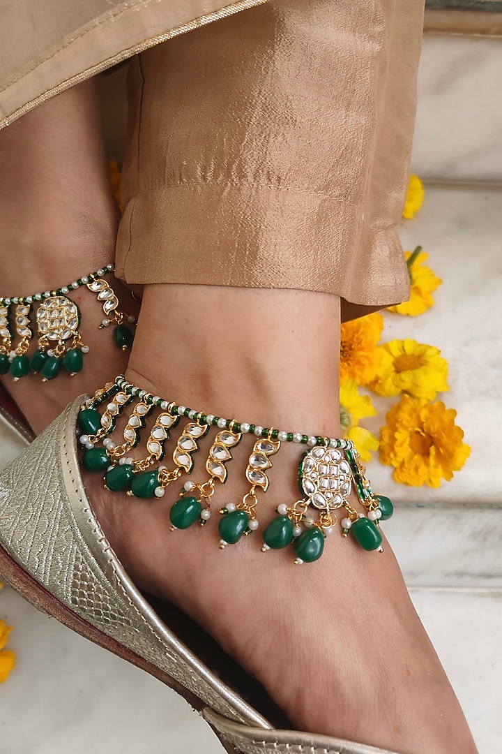 Gold Finish Green Kundan Polki Anklets (Set Of 2) by AVSA Jewels at Pernia's Pop Up Shop