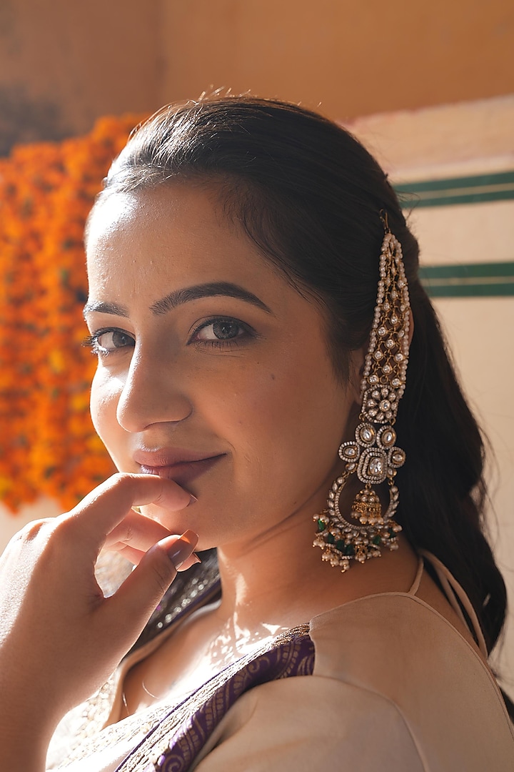 Gold Finish Kundan Polki & Green Stone Dangler Earrings by AVSA Jewels at Pernia's Pop Up Shop