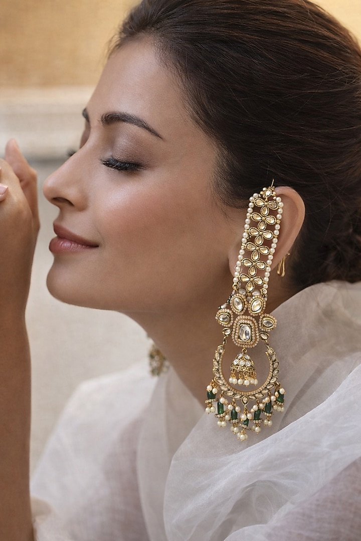 Gold Finish Kundan Polki & Green Stone Dangler Earrings by AVSA Jewels at Pernia's Pop Up Shop