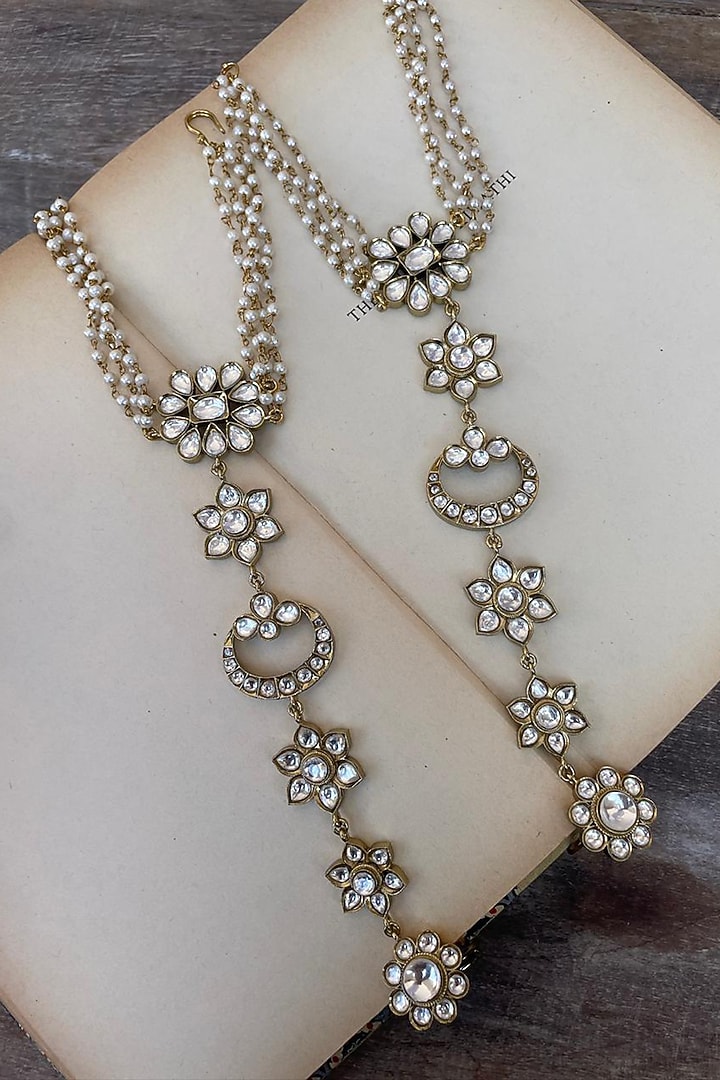 Gold Finish Kundan Polki Haathphool (Set Of 2) by AVSA Jewels at Pernia's Pop Up Shop