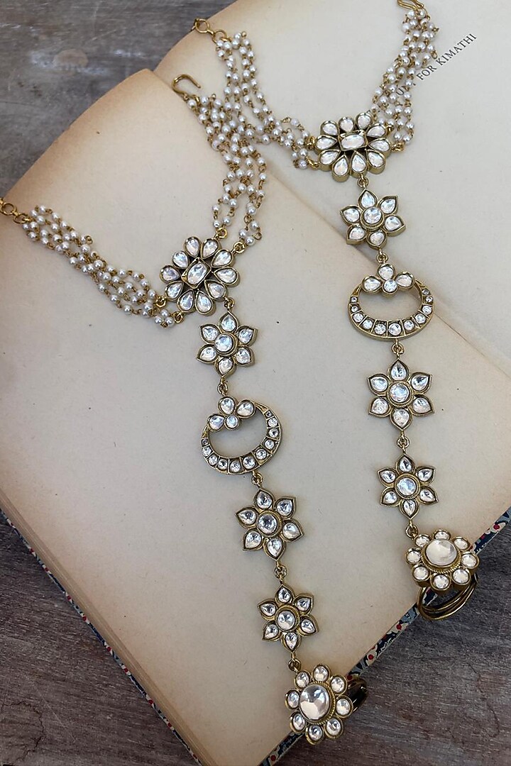Gold Finish Kundan Polki Haathphool (Set Of 2) by AVSA Jewels at Pernia's Pop Up Shop