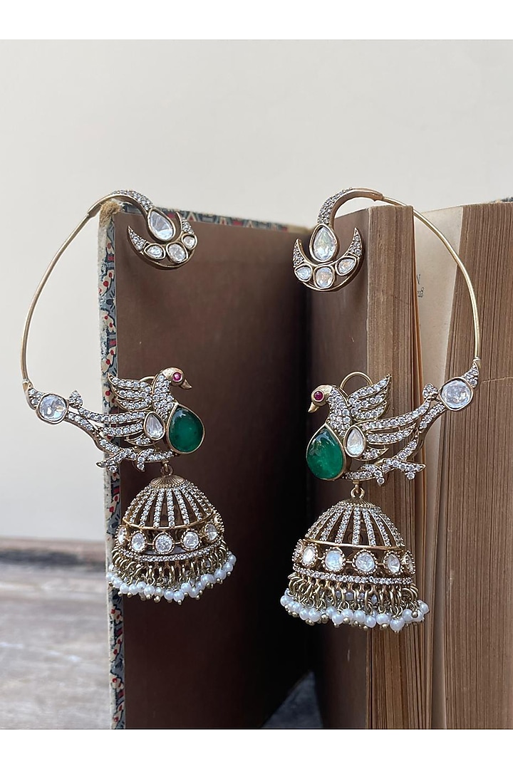 Gold Finish Green Kundan Polki Bird Motif Ear cuffs by AVSA Jewels at Pernia's Pop Up Shop