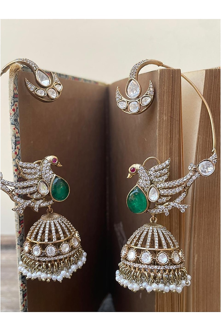 Gold Finish Green Kundan Polki Bird Motif Ear cuffs by AVSA Jewels at Pernia's Pop Up Shop