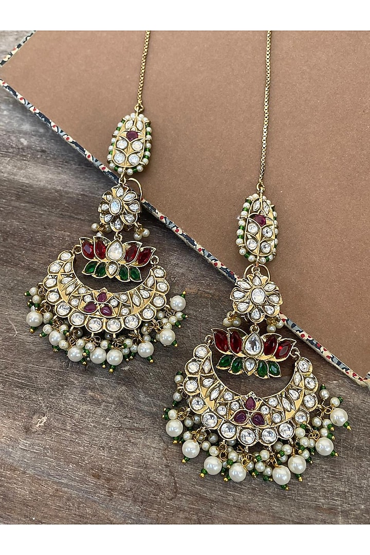 Gold Finish Red Kundan Polki Chandbali Earrings by AVSA Jewels at Pernia's Pop Up Shop