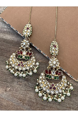 Gold Finish Red Kundan Polki Chandbali Earrings by AVSA Jewels