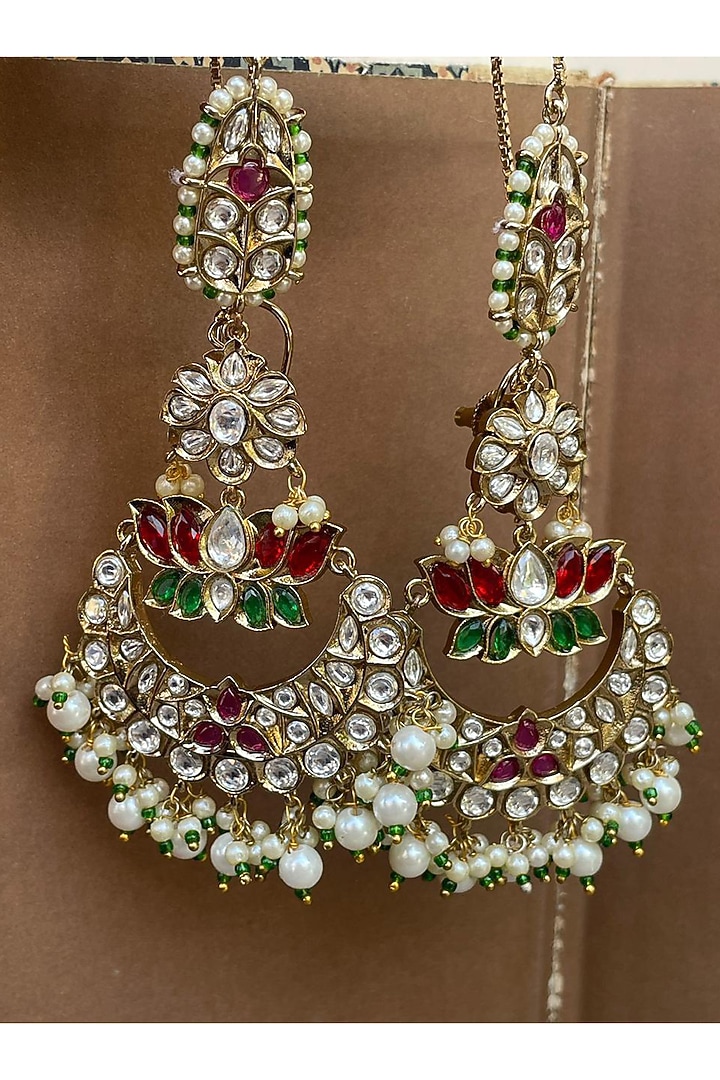 Gold Finish Red Kundan Polki Chandbali Earrings by AVSA Jewels at Pernia's Pop Up Shop