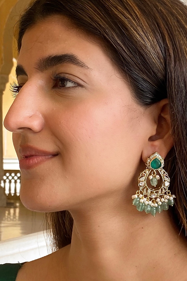 Gold Finish Kundan Polki & Emerald Stone Dangler Earrings by AVSA Jewels at Pernia's Pop Up Shop