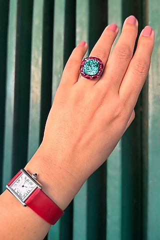 Black Rhodium Finish Aqua Blue Stone Ring by AVSA Jewels