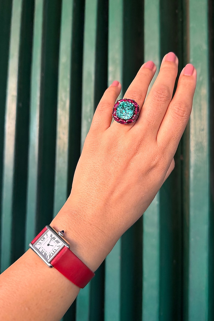 Black Rhodium Finish Aqua Blue Stone Ring by AVSA Jewels at Pernia's Pop Up Shop