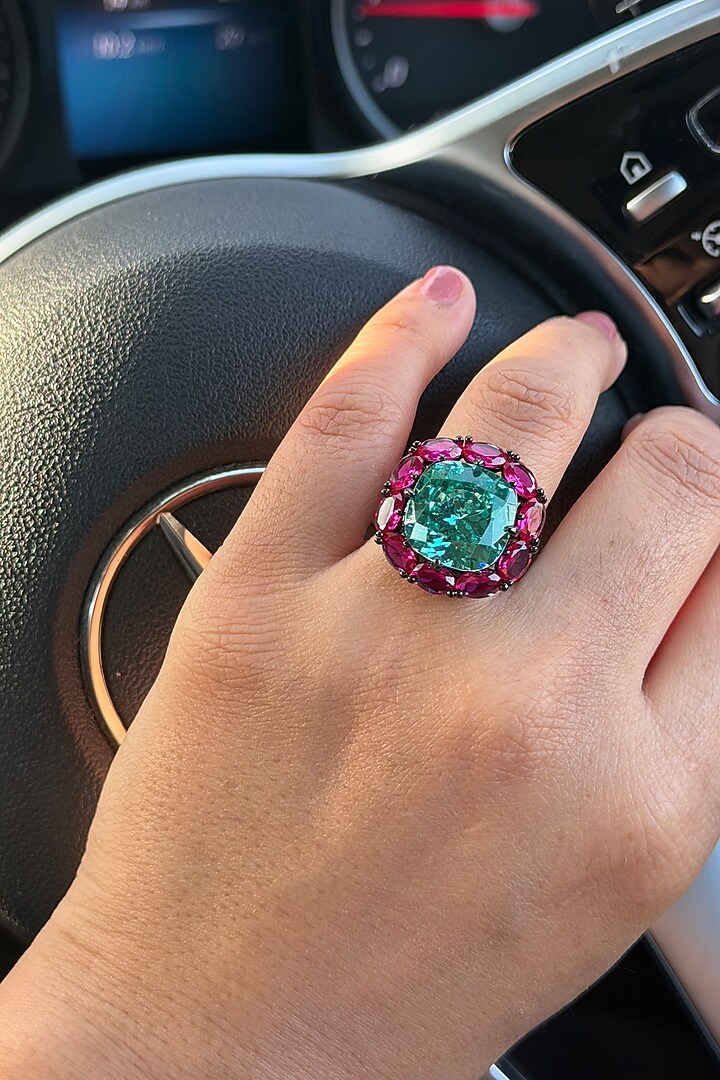 Black Rhodium Finish Aqua Blue Stone Ring by AVSA Jewels at Pernia's Pop Up Shop