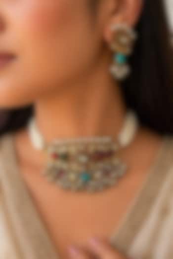 Gold Finish Navratna Stone & Kundan Polki Choker Necklace Set by AVSA Jewels at Pernia's Pop Up Shop