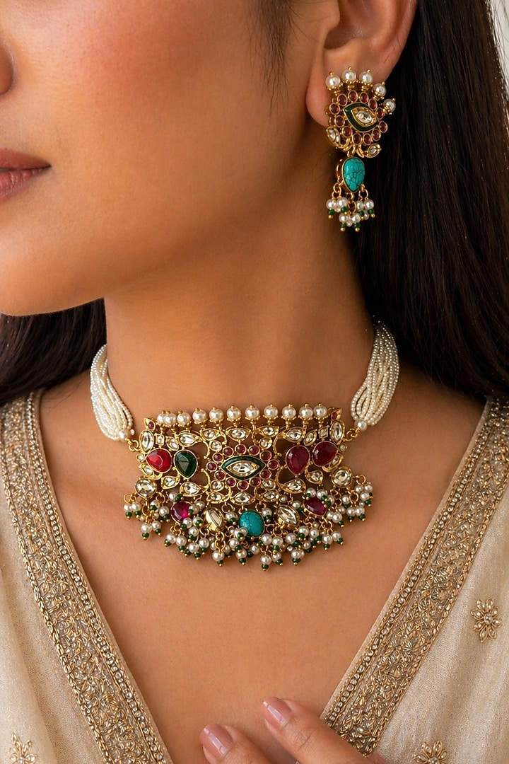 Gold Finish Navratna Stone & Kundan Polki Choker Necklace Set by AVSA Jewels at Pernia's Pop Up Shop