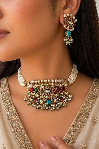 Gold Finish Navratna Stone & Kundan Polki Choker Necklace Set by AVSA Jewels