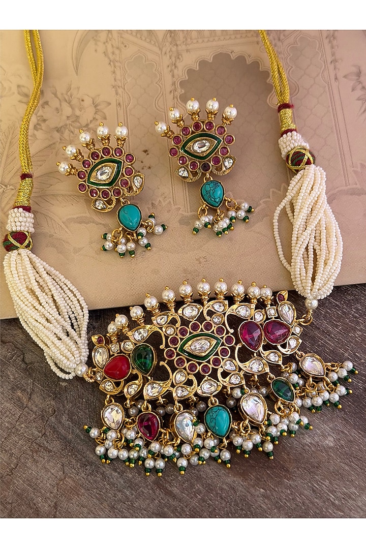 Gold Finish Navratna Stone & Kundan Polki Choker Necklace Set by AVSA Jewels at Pernia's Pop Up Shop