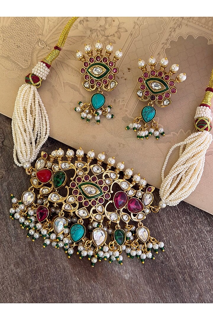 Gold Finish Navratna Stone & Kundan Polki Choker Necklace Set by AVSA Jewels at Pernia's Pop Up Shop