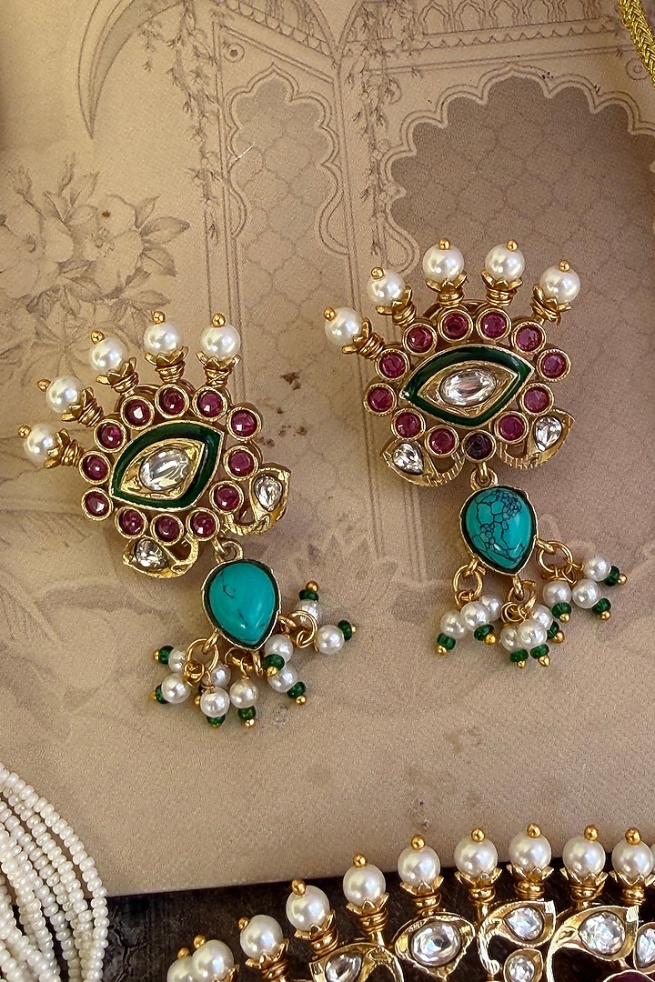 Gold Finish Navratna Stone & Kundan Polki Choker Necklace Set by AVSA Jewels at Pernia's Pop Up Shop