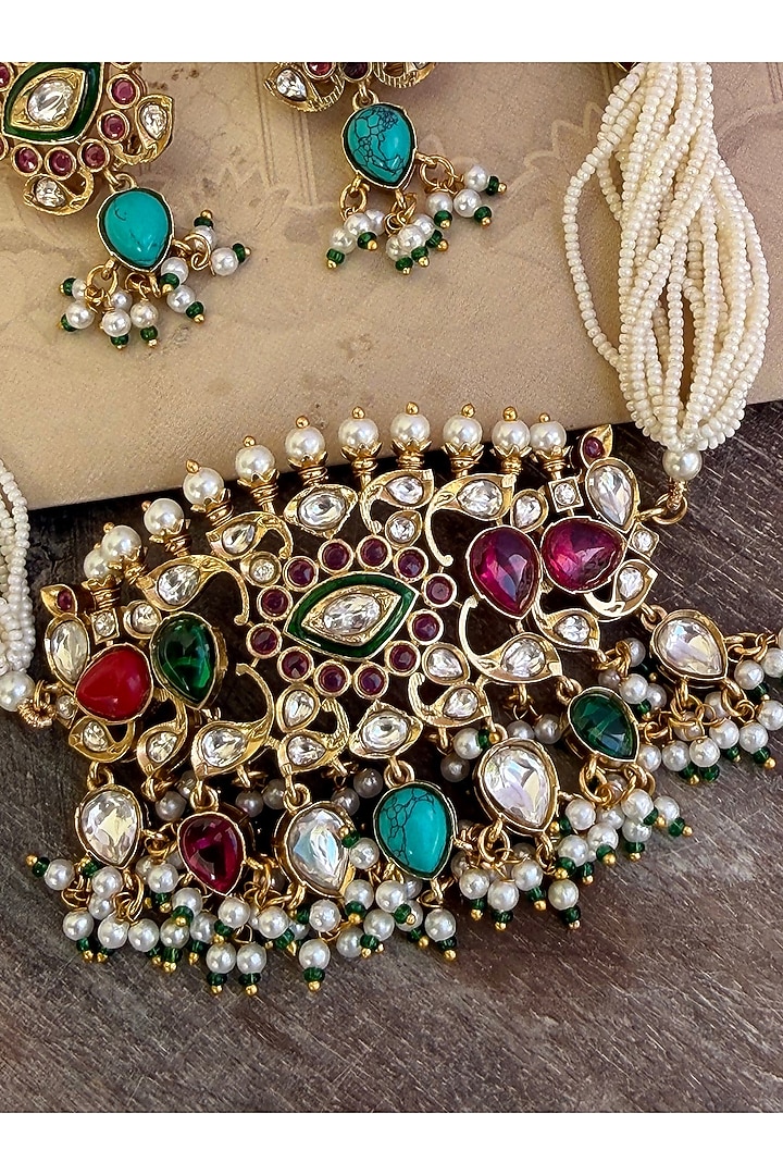 Gold Finish Navratna Stone & Kundan Polki Choker Necklace Set by AVSA Jewels at Pernia's Pop Up Shop