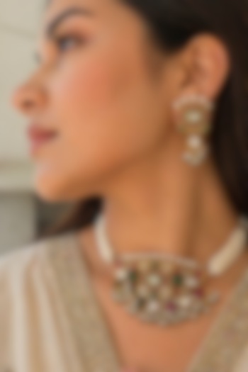 Gold Finish Multi-Colored Kundan Polki Choker Necklace Set by AVSA Jewels at Pernia's Pop Up Shop