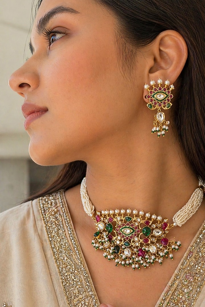 Gold Finish Multi-Colored Kundan Polki Choker Necklace Set by AVSA Jewels at Pernia's Pop Up Shop