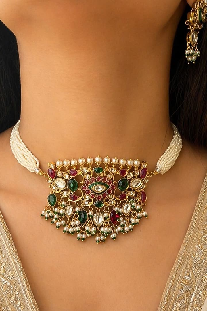 Gold Finish Multi-Colored Kundan Polki Choker Necklace Set by AVSA Jewels at Pernia's Pop Up Shop