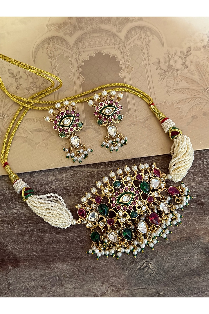 Gold Finish Multi-Colored Kundan Polki Choker Necklace Set by AVSA Jewels at Pernia's Pop Up Shop