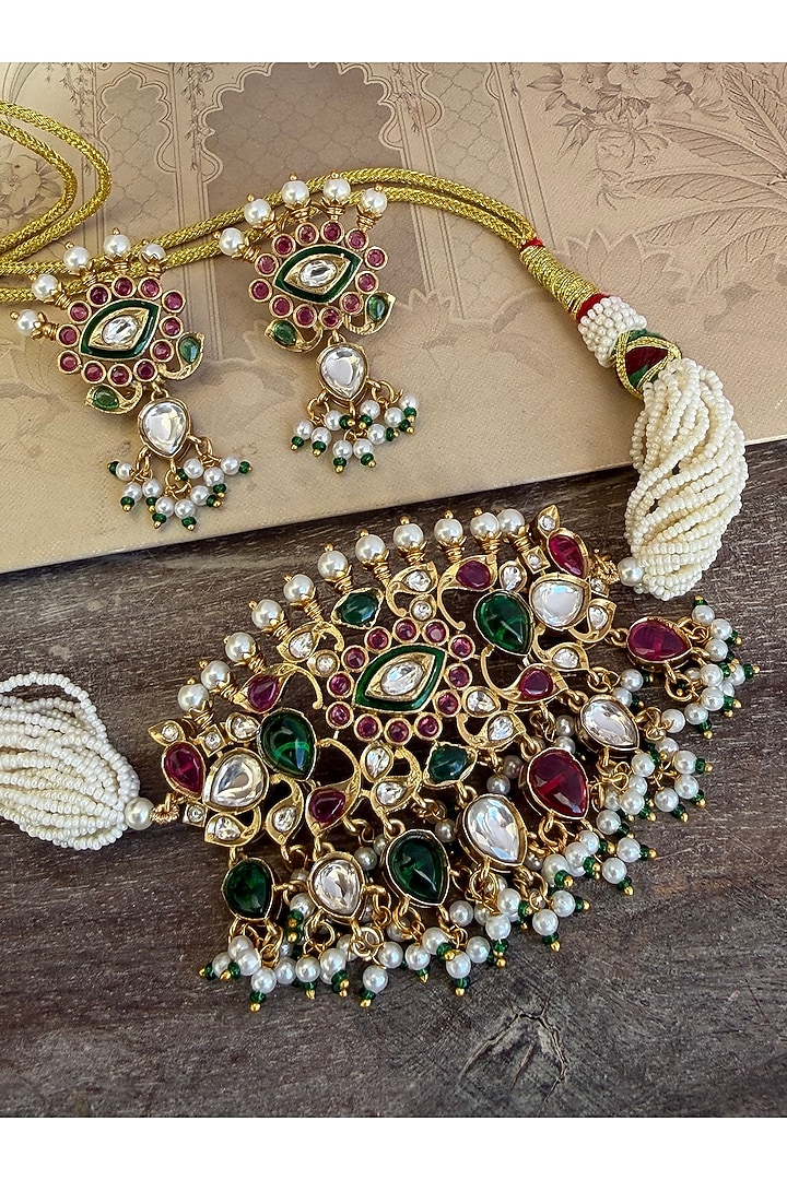 Gold Finish Multi-Colored Kundan Polki Choker Necklace Set by AVSA Jewels at Pernia's Pop Up Shop