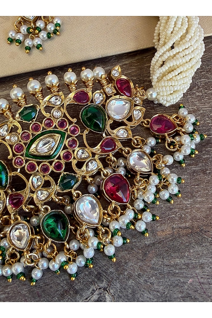 Gold Finish Multi-Colored Kundan Polki Choker Necklace Set by AVSA Jewels at Pernia's Pop Up Shop