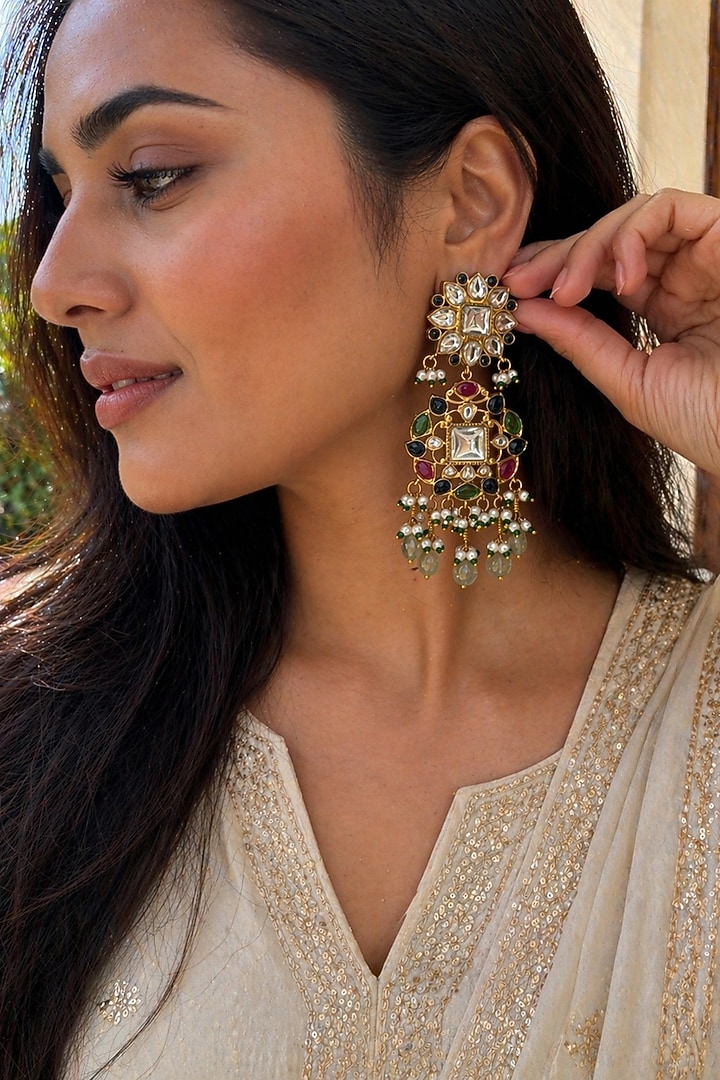 Gold Finish Multi-Colored Kundan Polki Dangler Earrings by AVSA Jewels at Pernia's Pop Up Shop