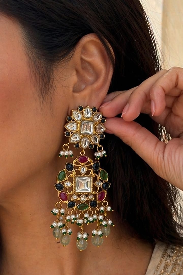 Gold Finish Multi-Colored Kundan Polki Dangler Earrings by AVSA Jewels at Pernia's Pop Up Shop