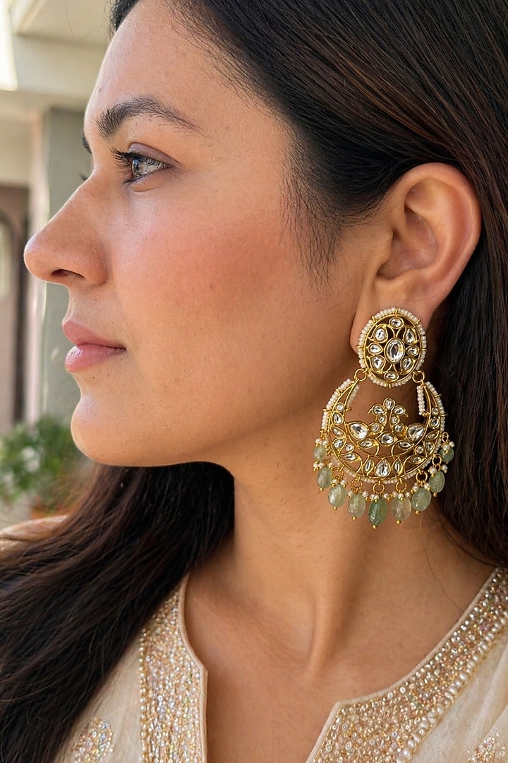 Gold Finish Green Kundan Polki Chandbali Earrings by AVSA Jewels at Pernia's Pop Up Shop