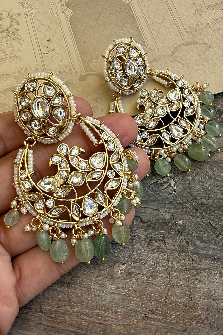 Gold Finish Green Kundan Polki Chandbali Earrings by AVSA Jewels at Pernia's Pop Up Shop