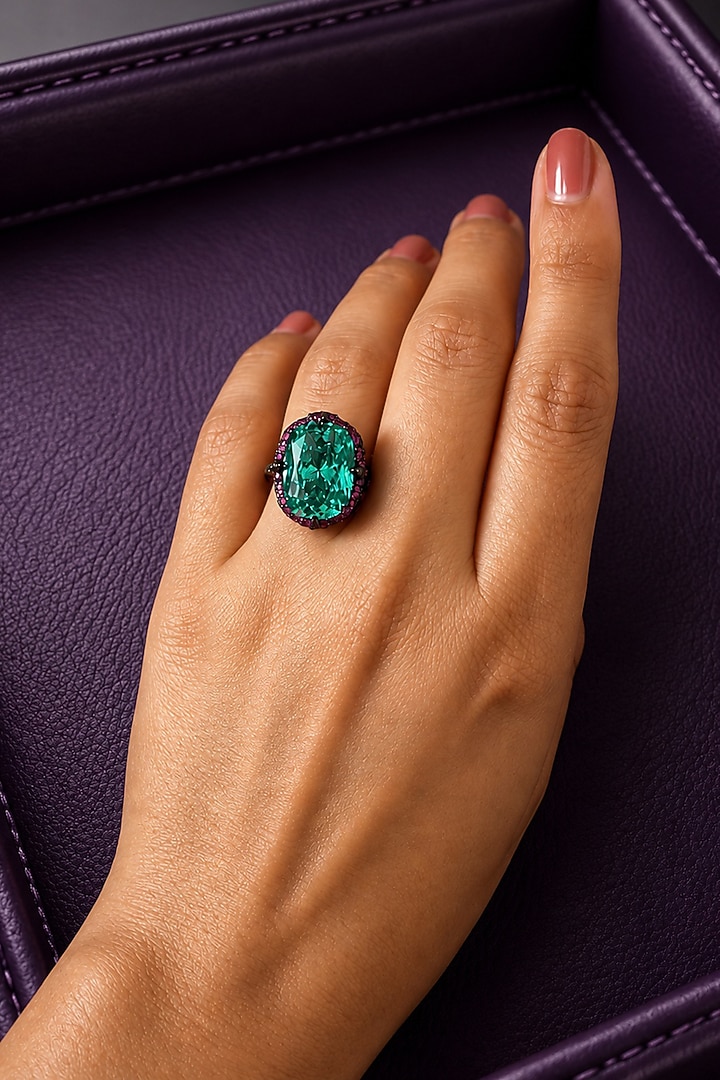 Black Rhodium Finish Aqua Blue Stone Ring by AVSA Jewels at Pernia's Pop Up Shop