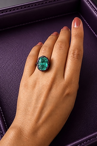 Black Rhodium Finish Aqua Blue Stone Ring by AVSA Jewels