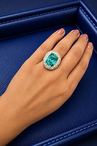 White Finish Diamond & Aqua Blue Stone Ring by AVSA Jewels