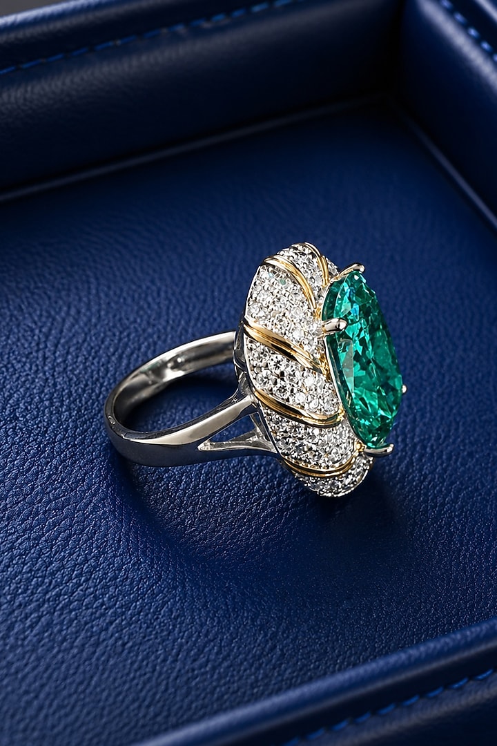White Finish Diamond & Aqua Blue Stone Ring by AVSA Jewels at Pernia's Pop Up Shop