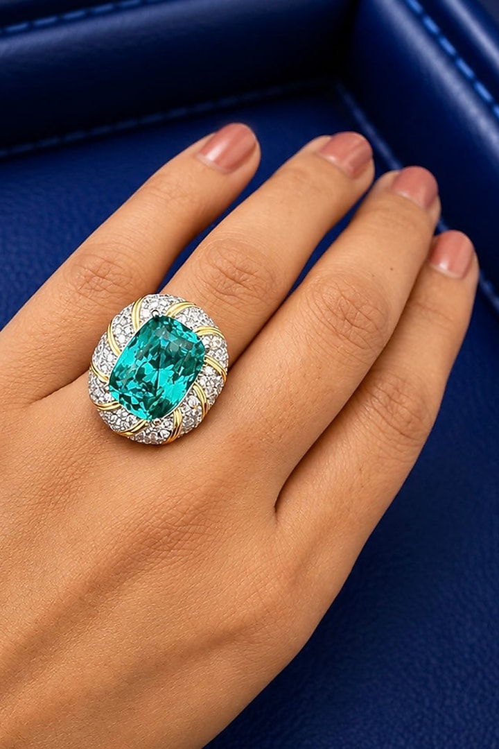White Finish Diamond & Aqua Blue Stone Ring by AVSA Jewels at Pernia's Pop Up Shop