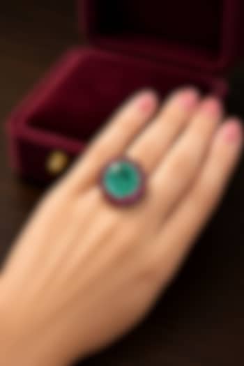 Black Rhodium Finish Aqua Blue Stone Floral Ring by AVSA Jewels at Pernia's Pop Up Shop